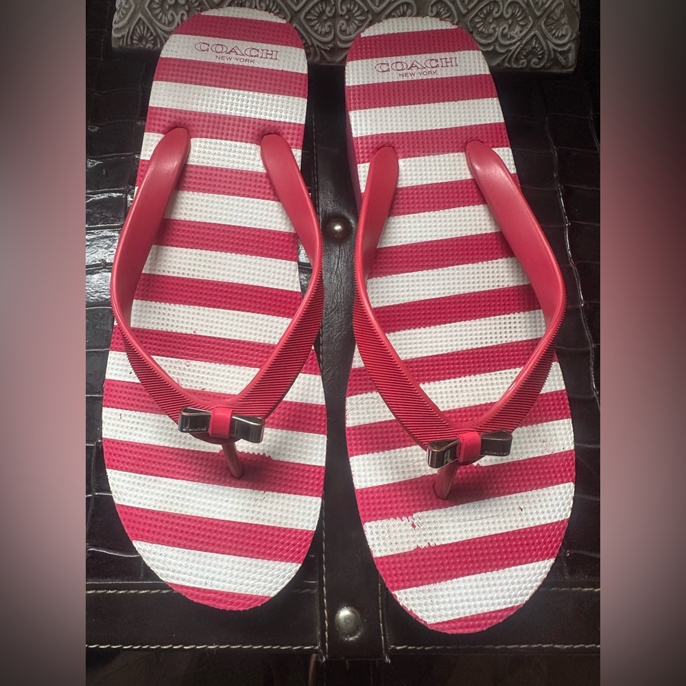 Coach Loralyn Wedge Flip Flop Sandals Striped Pink & White Size 9/10 Large
